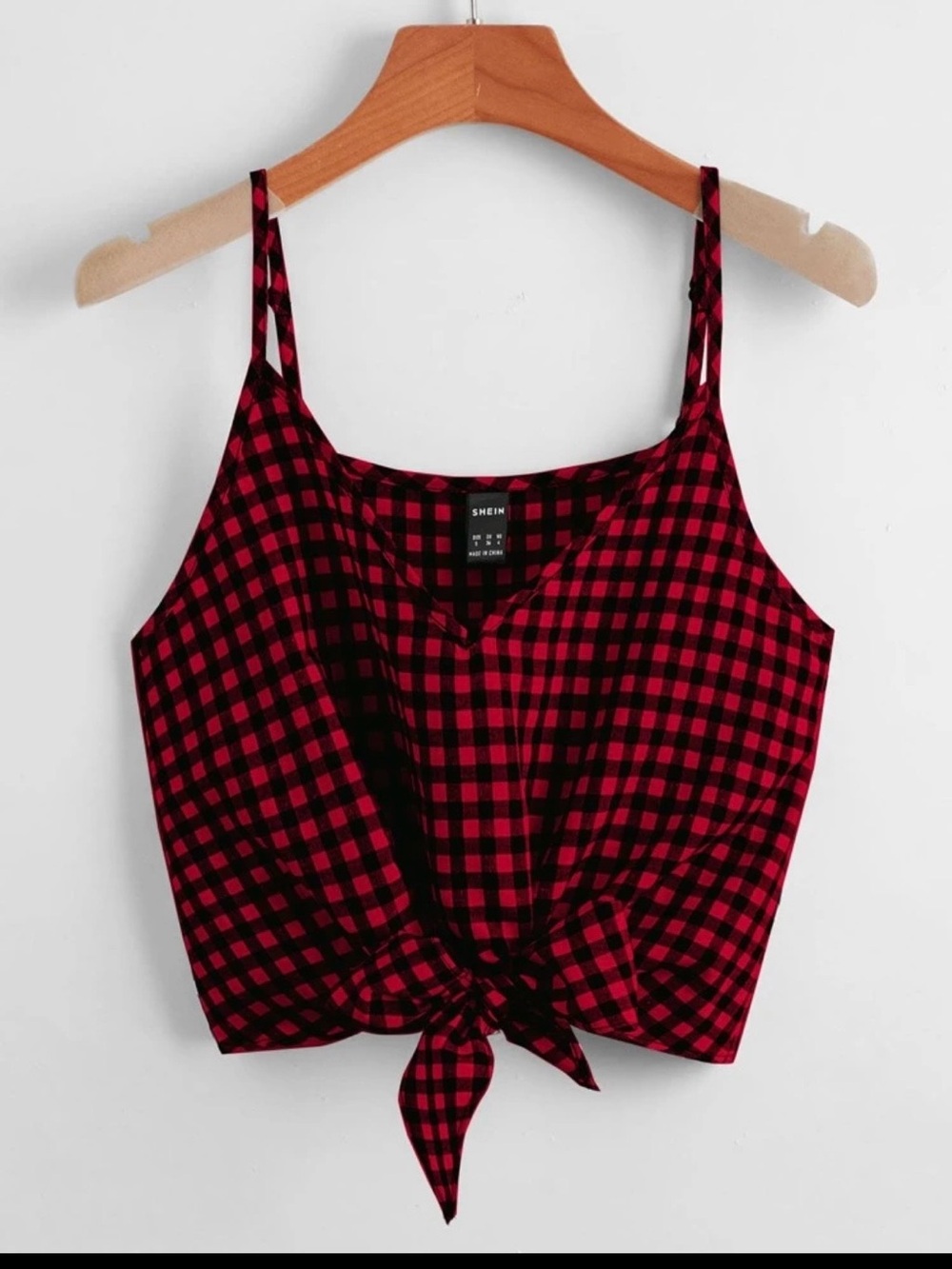 SHEIN Red & Black Plaid Tie-Front Cami